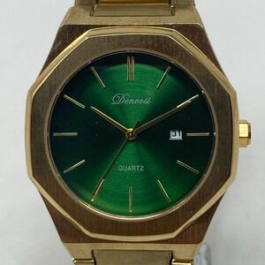Denvosi Watch Men 44mm Gold Tone Green Dial Date New Battery LARGE 8.75"